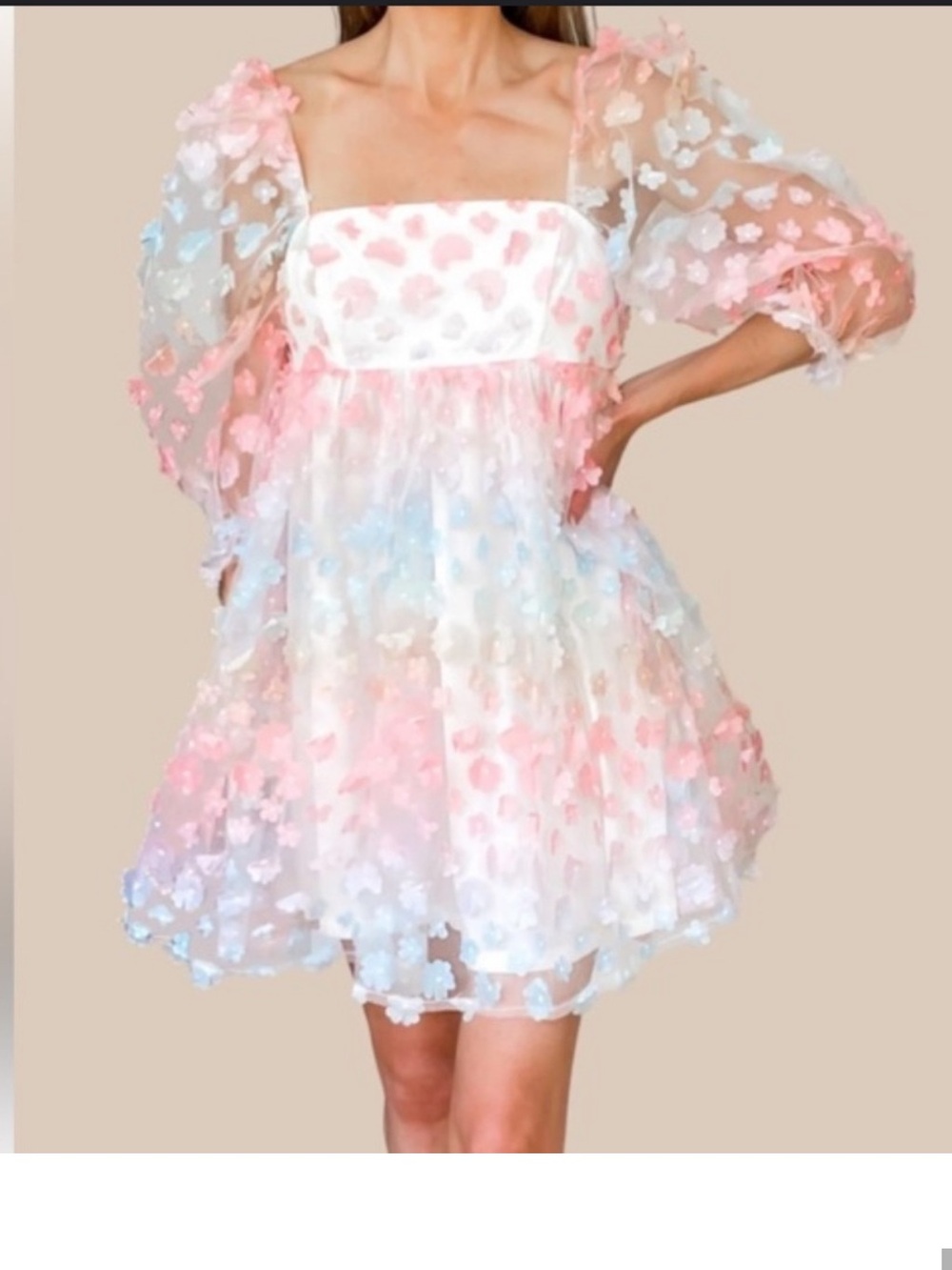 Storia Pastel Pink and Blue Floral Puff Sleeve Dress